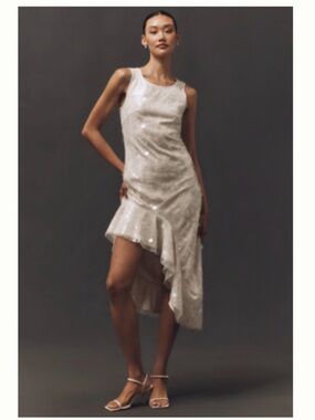 Siempre x Anthropologie Sequin Asymmetrical Dress | White | Size Small